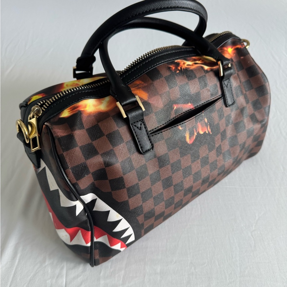 Sprayground Brown Checkered Satchel with Black Handles
